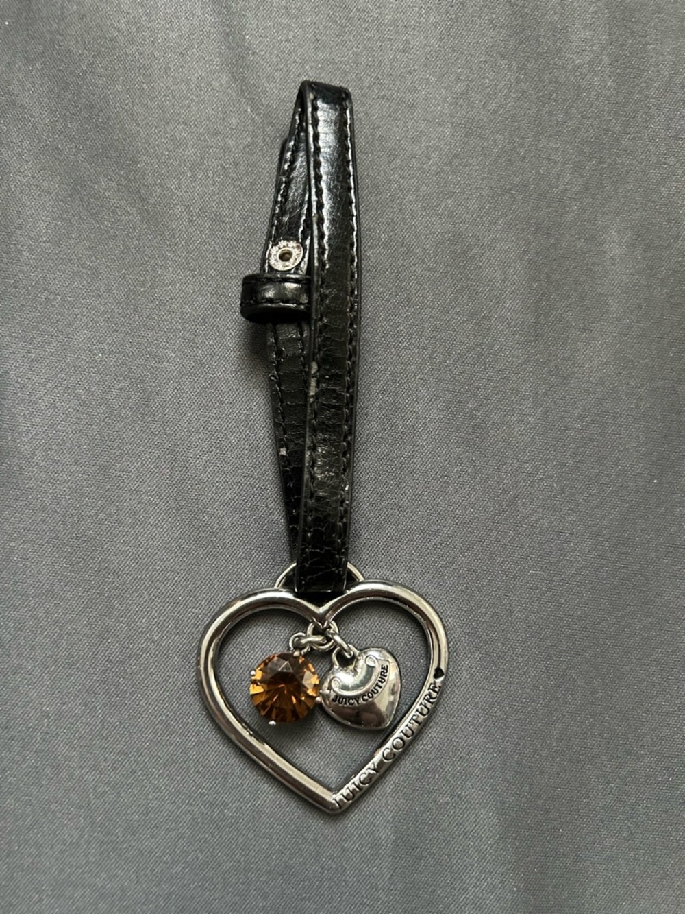 Y2K Juicy Couture Black Leather Silver Heart Charm w/ Rhinestones Keychain